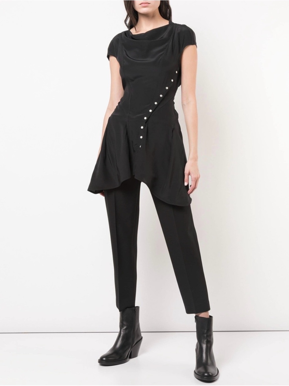 Rick Owens SS19 Babel Black Silk Asymmetric Snap Tunic XS US 2